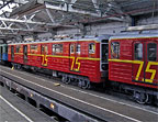 Вагоны типа 81-717.5М/81-714.5М из состава "Красная стрела" и вагон типа Е в депо "Сокол"